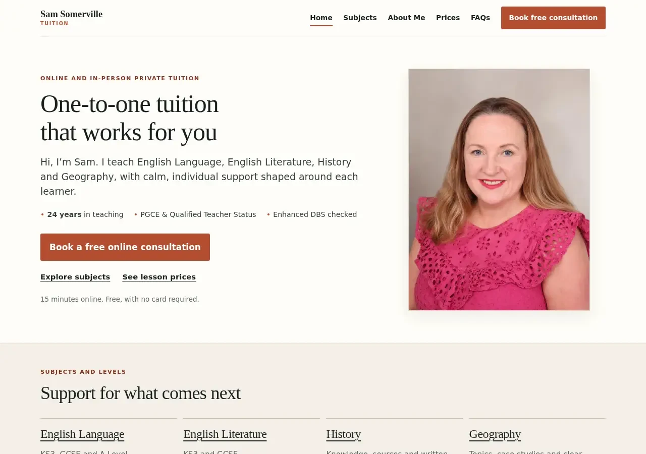 Screenshot of Sam Somerville’s live tuition website, with the heading “One-to-one tuition that works for you” and Sam’s portrait